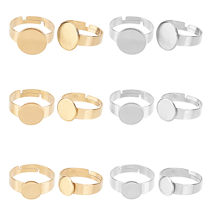 18Pcs 6 Style 304 Stainless Steel Adjustable Finger Rings Components, Pad Ring Base Findings, Flat Round
