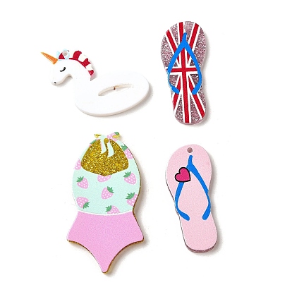 Акриловые подвески серии «летний пляж», с блеском порошок, бикини/тапочки/единорог