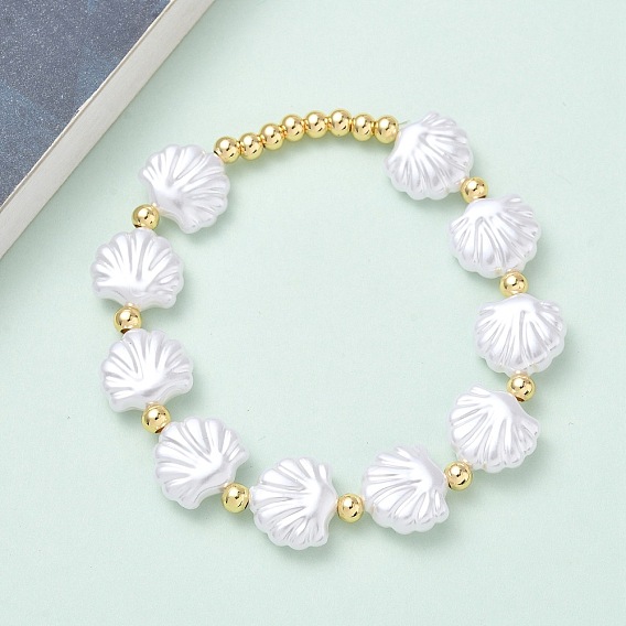 Женские эластичные браслеты из латунных и пластиковых бусин, формы раковины, стойки покрытие, без свинца и без кадмия, долговечный, реальный 18 k позолоченный
