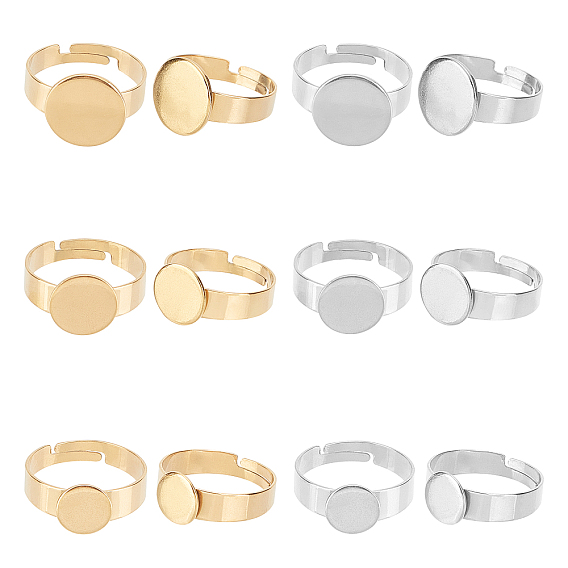 18Pcs 6 Style 304 Stainless Steel Adjustable Finger Rings Components, Pad Ring Base Findings, Flat Round