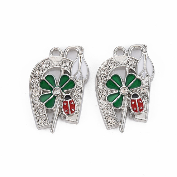 Alloy Pendants, with Enamel and Rhinestone, Platinum, Flower with ladybird