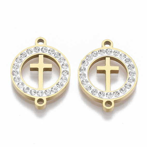 201 Stainless Steel Links Connectors, with Polymer Clay Crystal Rhinestone, for Religion, Flat Round with Cross
