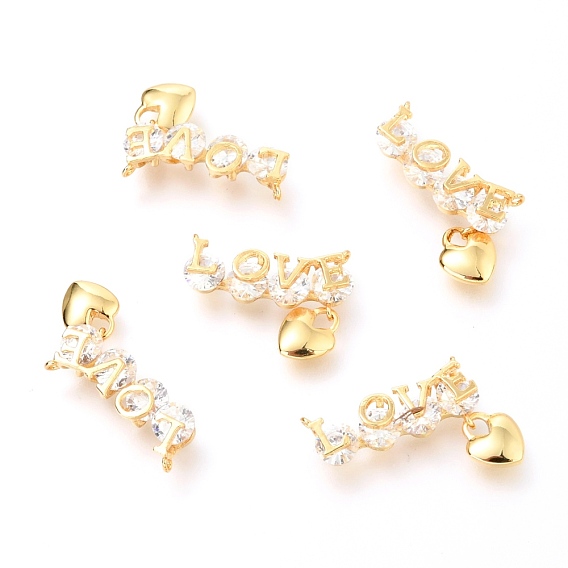 Латунные микропаве прозрачные подвески с фианитом, слово любовь с сердечными чарами
