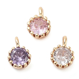 Brass Micro Pave Cubic Zirconia Charms, Real 18K Gold Plated, Round