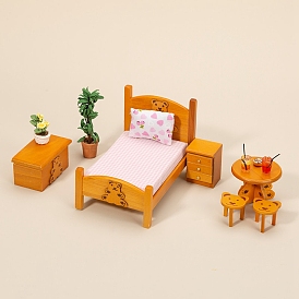 6Pcs Bear Theme Wood Heart/Polka Dot Pattern Bed Drawer Table Stool Miniature Ornaments, Micro Landscape Home Dollhouse Bedroom Furniture Accessories, Pretending Prop Decoration