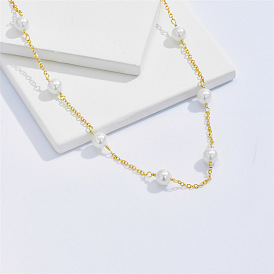 Stylish Vintage Pearl Necklace with 14K Gold Plated Lock Chain for Women