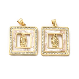 Rack Plating Brass Micro Pave Clear Cubic Zirconia Pendants, with Shell, Long-Lasting Plated, Cadmium Free & Lead Free, Square with Human