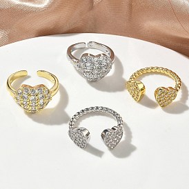 Открытые кольца манжеты из латуни с микропаве и кубическим цирконием, сердце, без кадмия и без свинца, стойки покрытие, долговечный
