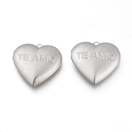 Pendentifs médaillon en acier inoxydable pour la saint-valentin 304, cadre de photo charmant pour colliers, coeur avec te amo