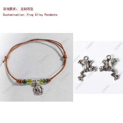 Bracelets en corde de coton ciré, avec des pendentifs en verre et en alliage, grenouille