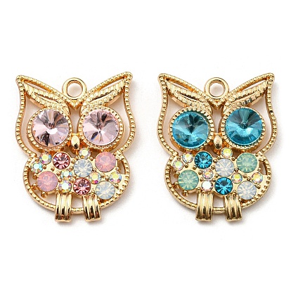 Golden Plated Alloy Pendants, Owl Charms with Rhinestone, Cadmium Free & Nickel Free & Lead Free