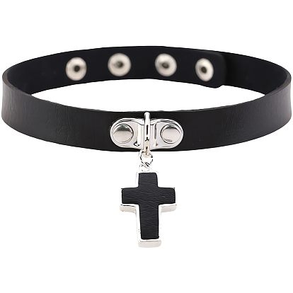 1регулируемые колье-чокеры из искусственной кожи, колье из сплава с подвеской в виде креста с кнопками из нержавеющей стали для женщин, цвет нержавеющей стали