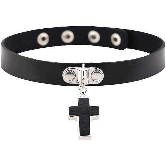 1регулируемые колье-чокеры из искусственной кожи, колье из сплава с подвеской в виде креста с кнопками из нержавеющей стали для женщин, цвет нержавеющей стали