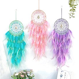 Woven Web/Net with Feather Hanging Ornaments, Iron Ring and Glass Beads for Home Living Room Bedroom Wall Decorations