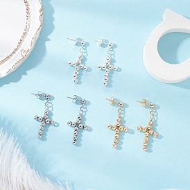 3 Pairs 3 Colors Brass Beaded Cross Dangle Stud Earrings, with 304 Stainless Steel Stud Earring Findings