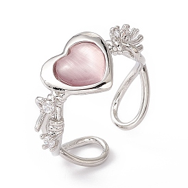 Glass Heart with Flower Open Cuff Ring, Platinum Brass Hollow Ring for Women