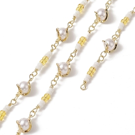 Rack Plating Golden Brass Twist Round Link Chains, with Plastic Pearl Beaded, Unwelded, with Card Paper