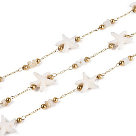 Ручная работа 316 цепочки из нержавеющей стали в форме морской звезды, с синтетической бирюзой, ракушками и бусинами из нержавеющей стали, пайки, с катушкой, реальный 18 k позолоченный