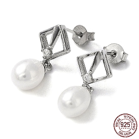 Cubic Zirconia Rhombus with Natural Pearl Dangle Stud Earrings, 925 Sterling Silver Earrings for Women