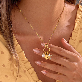 304 Stainless Steel Micro Pave Clear Cubic Zirconia Cross Heart Pendant Necklaces for Women, with White Plastic Imitation Pearls