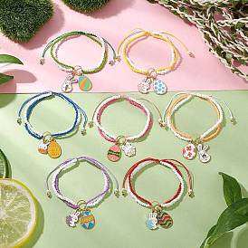 7шт. пасхальные стеклянные бусины плетеные браслеты из бисера, браслеты с подвесками в виде кролика и яйца из сплава и эмали для женщин, с нейлоновой нитью