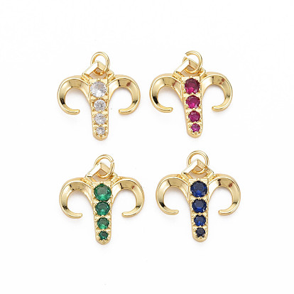 Brass Micro Pave Cubic Zirconia Pendants, Nickel Free, Golden, Aries
