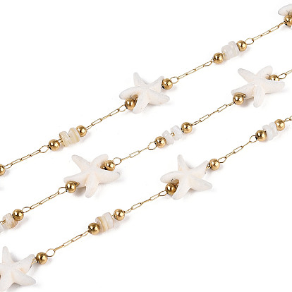 Ручная работа 316 цепочки из нержавеющей стали в форме морской звезды, с синтетической бирюзой, ракушками и бусинами из нержавеющей стали, пайки, с катушкой, реальный 18 k позолоченный