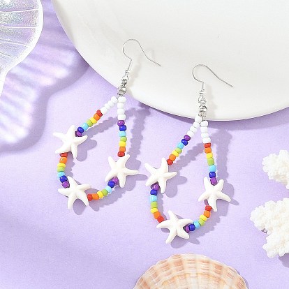 Baking Paint Glass Seed & Synthetic Turquoise Dangle Earrings for Women, Starfish, 304 Stainless Steel Dangle Earrings, Stainless Steel Color