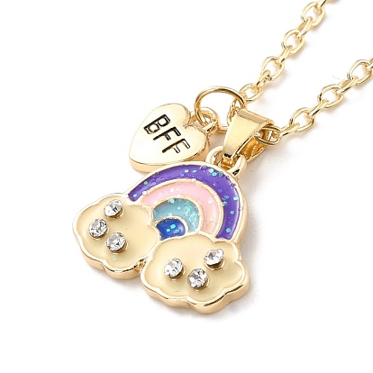 BFF/Best Friends Forever Alloy Pendant Necklaces for Girls, with Enamel Rhinestone Rainbow and Iron Chains, Golden