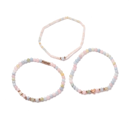 Natural Gemstone Beads Stretch Bracelets for Men Women, with Heart Brass Beads