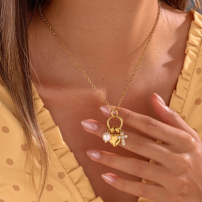 304 Stainless Steel Micro Pave Clear Cubic Zirconia Cross Heart Pendant Necklaces for Women, with White Plastic Imitation Pearls