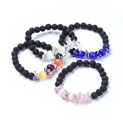 Stretch Bracelets, with Cat Eye Beads, Glass Beads, Natural Lava Rock Beads and Brass Findings