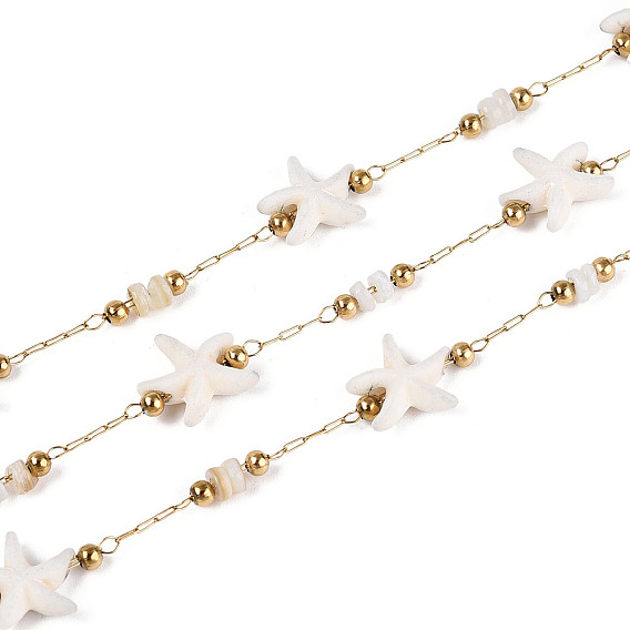 Ручная работа 316 цепочки из нержавеющей стали в форме морской звезды, с синтетической бирюзой, ракушками и бусинами из нержавеющей стали, пайки, с катушкой, реальный 18 k позолоченный