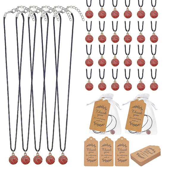 Waxed Cord Necklace, with Alloy Enamel Pendants and Paper Card and Organza Bags, Basketball, Golden
