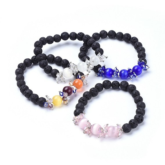 Stretch Bracelets, with Cat Eye Beads, Glass Beads, Natural Lava Rock Beads and Brass Findings