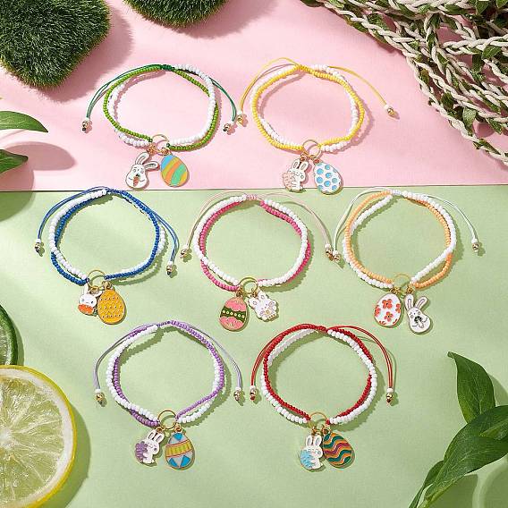 7Pcs Easter Glass Seed Beads Braided Bead Bracelets, Alloy Enamel Rabbit & Egg Charm Bracelets for Women, with Nylon Thread