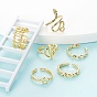 6Pcs 6 Styles Brass Cuff Rings, Open Rings, Long-Lasting Plated, Ring with Bar & Snake & Rhombus & Twist & Smiling Face