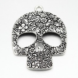 Tibetan Style Zinc Alloy Big Pendants, Lead Free & Cadmium Free, Sugar Skull, For Mexico Holiday Day of the Dead, 66x49x6mm, Hole: 4mm, about 32pcs/500g