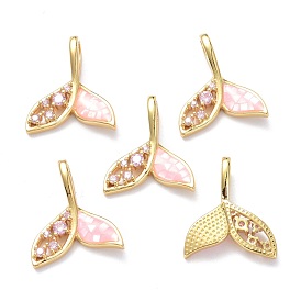 Brass Micro Pave Plum Cubic Zirconia Pendants, with Enamel and Shell, Long-Lasting Plated, Mermaid