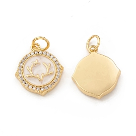 Eco-Friendly Brass Micro Pave Cubic Zirconia Pendants, with Jump Ring & Enamel, Lead Free & Cadmium Free, Long-Lasting Plated, Flower with Antler Charm