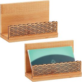 2Pcs Chinese Style Rectangle Bamboo Business Card Holder, Name Card Stand with Sculpture Wave Pattern
