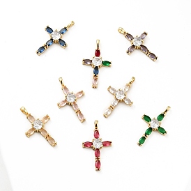 Rack Plating Brass Micro Pave Cubic Zirconia Pendants, Long-Lasting Plated, Lead Free & Cadmium Free, Cross, Real 18K Gold Plated, Religion