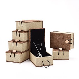 Boîtes à pendentif en bois rectangle, de toile de jute et de velours, 10.5x7.4x5.1 cm