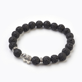 Natural Lava Rock Beads Stretch Bracelets, with Alloy Findings, Elephant, Burlap Packing, Antique Silver