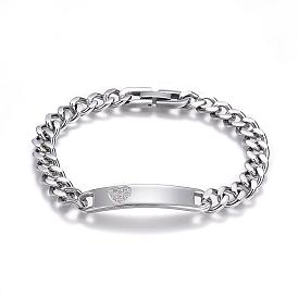 304 Stainless Steel ID Bracelets, with Curb Chain and Cubic Zirconia