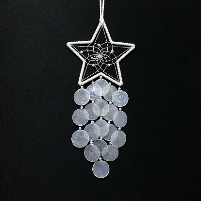 Sun Moon Star Woven Net/Web with Shell Wind Chime, Polyester Door Wall Pendant Decoration
