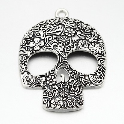 Tibetan Style Zinc Alloy Big Pendants, Lead Free & Cadmium Free, Sugar Skull, For Mexico Holiday Day of the Dead, 66x49x6mm, Hole: 4mm, about 32pcs/500g