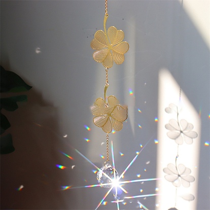Iron Big Pendant Decorations, K9 Crystal Glass Hanging Sun Catchers, with Brass Findings, for Garden, Wedding, Lighting Ornament, Leaf/Flower/Clover Shape