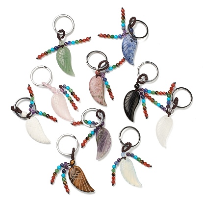 Chakra Jewelry, Gemstone Keychain, with Brass Split Key Rings and Nylon Thread, Carved Wing, Platinum