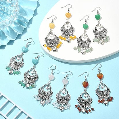 Natural & Synthetic Mixed Gemstone Heart Chandelier Earrings, Alloy Teardrop Earrings with 304 Stainless Steel Pins